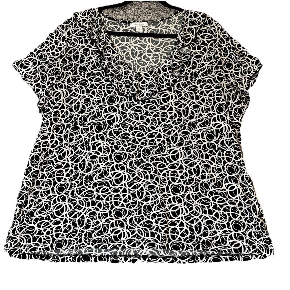 Dressbarn Womans 3X Blouse Black White Circle Print Ruffle V Neck Flutter Sleeve